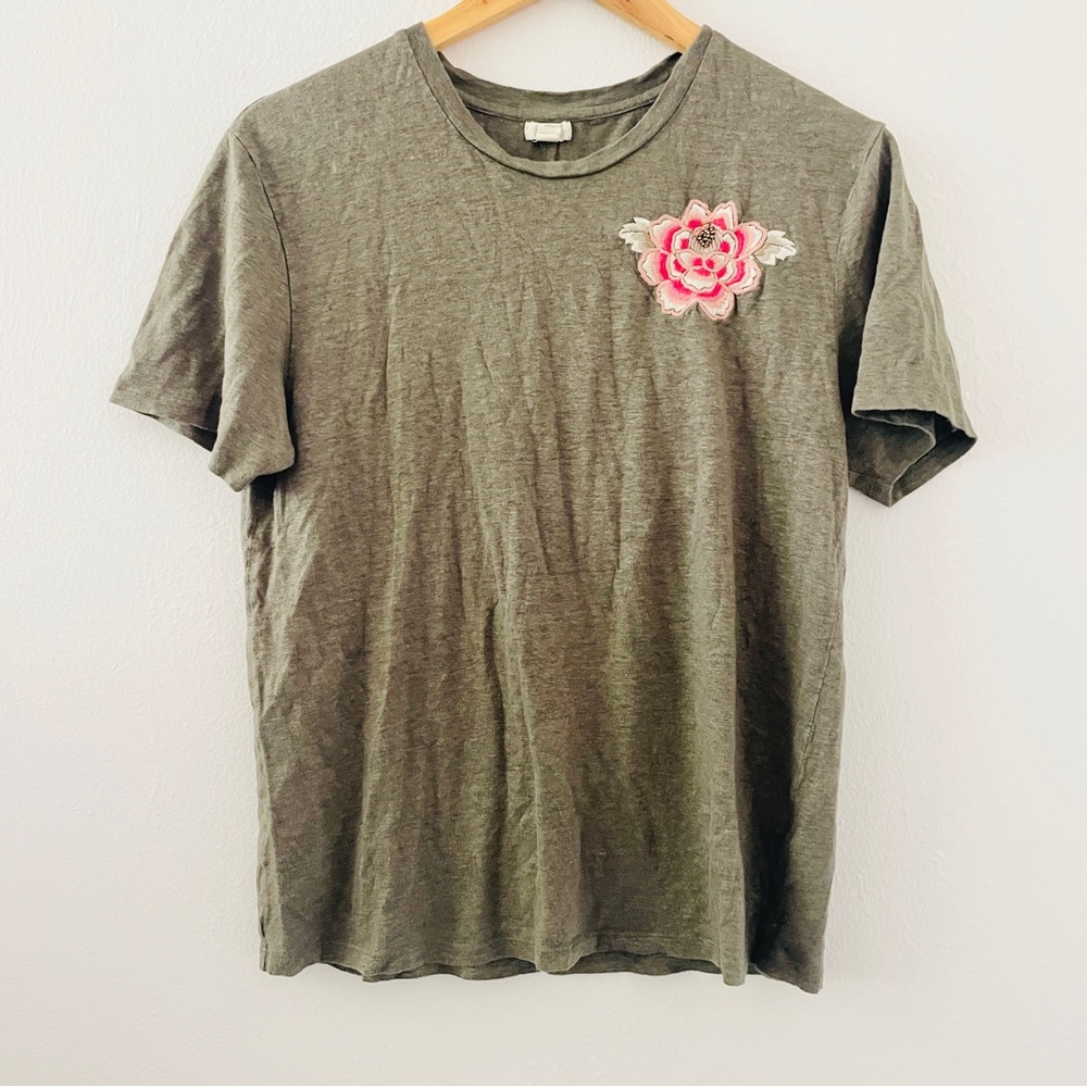 Anthropologie Tiny Green Linen Short Sleeve Embroidered Flower Tee - Picture 2 of 4
